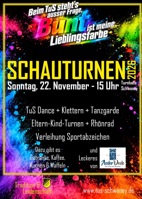 Plakat Schauturnen 2026: Sonntag, 22. November, 15 Uhr, Turnhalle Schwaney